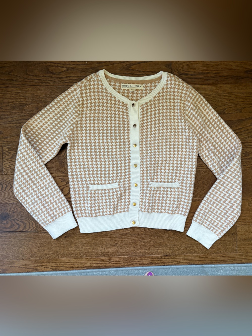 Hope & Henry Girls' Cream and Tan Houndstooth Cardigan Sweater